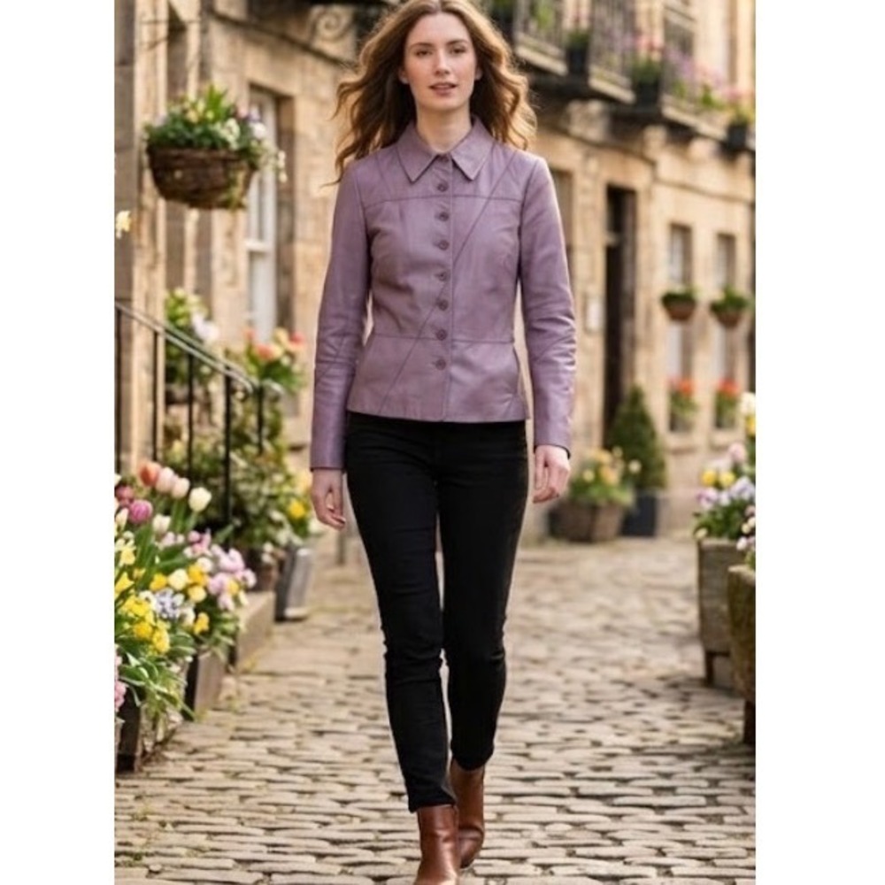 Worth Womens Pastel Purple Genuine Leather Patchwork Button Front Jacket Size 12